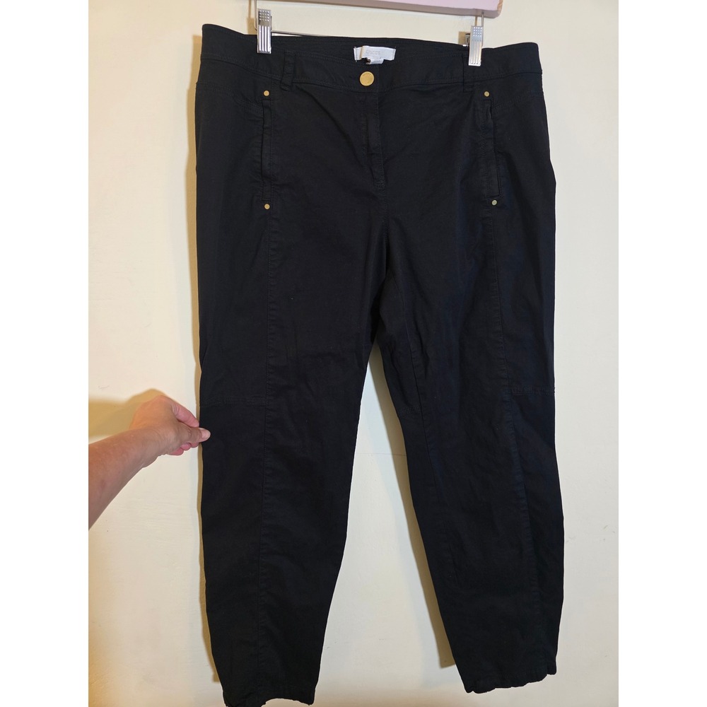 Chicos Black Utility Tapered Pants Gold Button Stretch Size 2 Large 041-14C01258